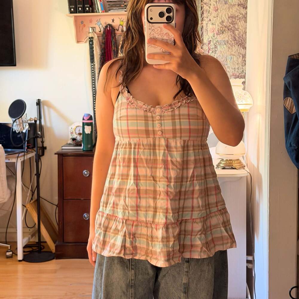 Hollister Longline Babydoll Cami Tunic in Pink Plaid